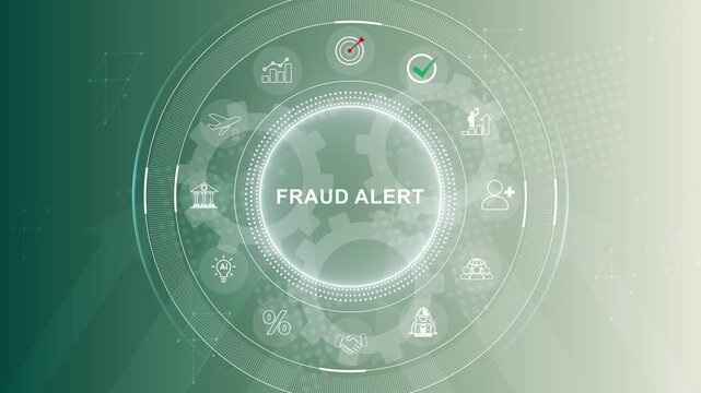Digital fraud alert concept depicting financial. business technology virtual screen background. performance metrics. 3d Motion graphics of technology icon interface background