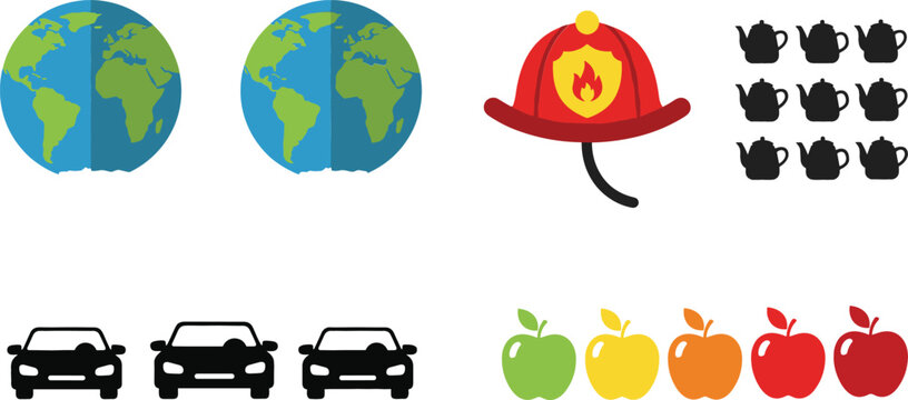 Flat vector icon collection featuring globe earth maps, firefighter helmet, teapot silhouettes, cars and colorful apples isolated on white background