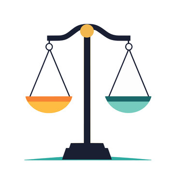 Scales of Justice Flat Design Icon, Weight Balance, Equal Judgment, Law Concept. Equality Balance Scale with Gold and Turquoise Colors. Balance Between Rights and Responsibilities, 2D Illustration