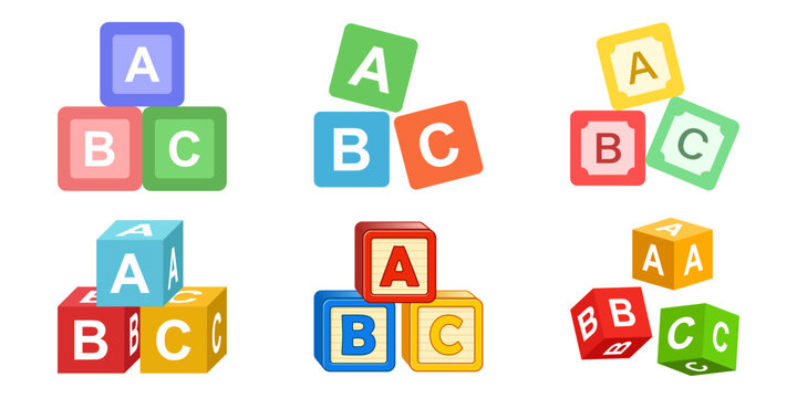 Hand holding alphabet ABC blocks icon set collection in flat style. Child education vector illustration on isolated background. Elementary school sign set collection business concept.