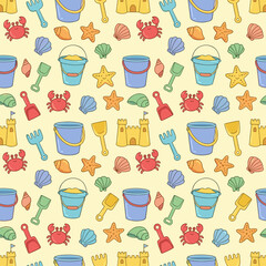 Obraz premium Seamless cartoon pattern of beach toys and sea creatures