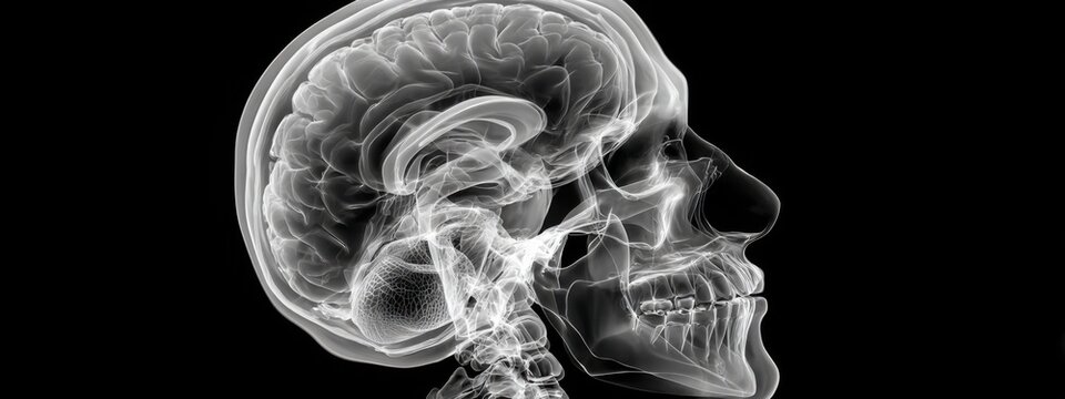 Detailed view of human brain and skull in an X-ray showing internal structures and anatomy clearly
