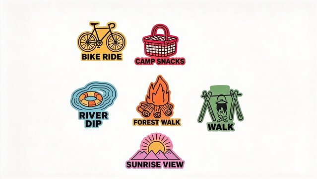 Camping And Outdoor Adventure Sticker Set With Icons For Bike RideCamp SnacksRiver DipForest WalkWalkAnd Sunrise View For Nature Lovers And Hikers,detail,detail,detail,detail
