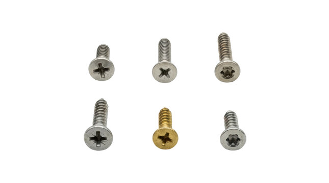 Set of six metal screws including phillips head and torx head varieties in silver and brass finishes isolated on transparent background
