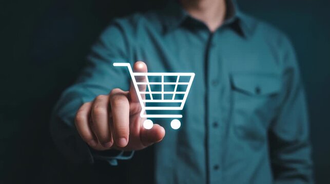 Hand touching a single ecommerce cart hologram icon 