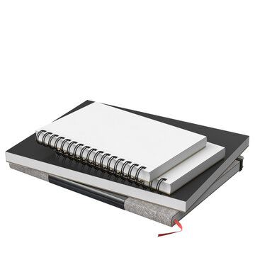 Clean minimalist product mockup featuring a white spiral notebook placed on a stack of black and gray hardcover notebooks with fabric spine and red bookmark. Pure white background with excellent copy 