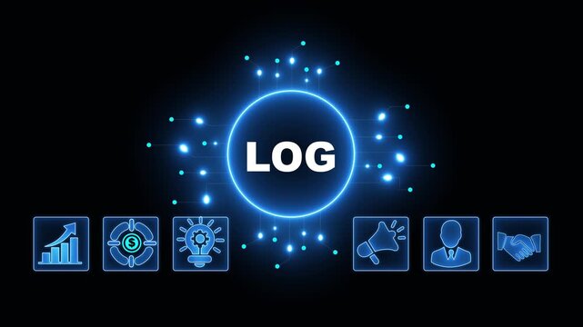 LOG Acronym on Central Circuit Board. Digital Data Neon Circuit Board Concept. Idea, Growth, Target, Marketing, Lock, and Person Icons. Digital Technology Blue Background. 4k Video