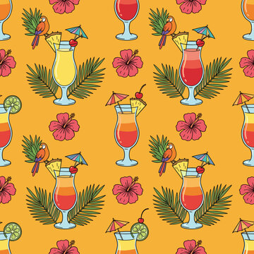 Seamless pattern of tropical cocktails with fruit and parrot garnishes