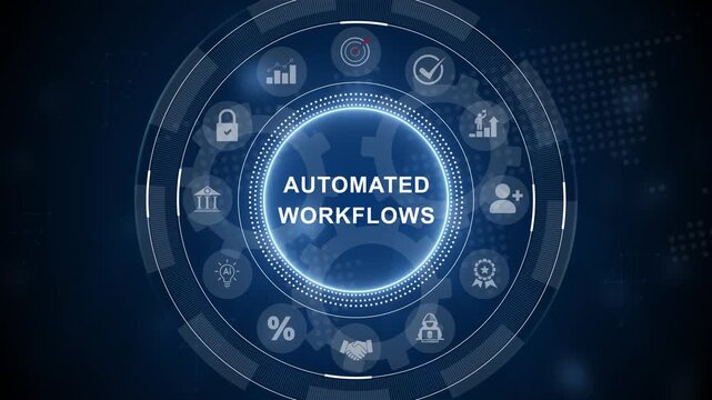 Automated workflows worldwide depicting global business processes and solutions. business technology. 3d Motion graphics of technology icon interface background
