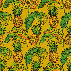 Tropical seamless pattern with pineapples and palm leaves