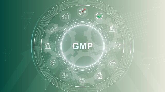 GMP Good Manufacturing Practice text animation. 3d Motion graphics of technology icon interface background