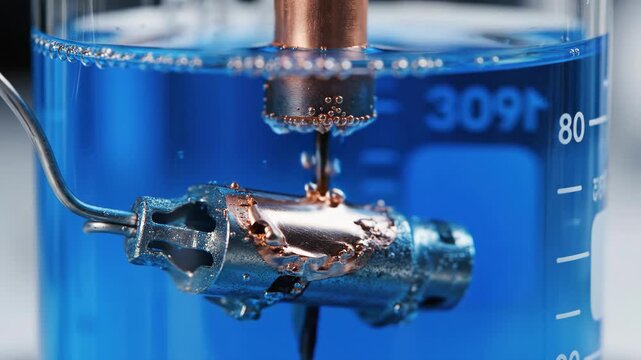 Close Up of Copper Plating Experiment Depositing Metal in Blue Solution