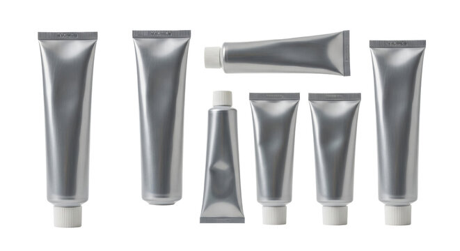 Set of blank metallic silver aluminum tubes in various sizes isolated on transparent background