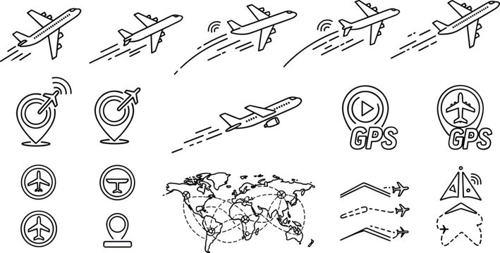 Airplane Navigation and GPS Icon Set Featuring Flight Paths, GPS Signals, and Travel Routes for Aviation Websites, Apps, and Digital Media Designs