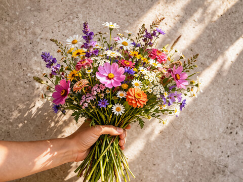 Bunter Wildblumenstrau&szlig; in der Hand gehalten 