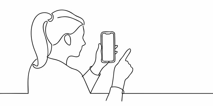 Line drawing of a woman interacting with a smartphone