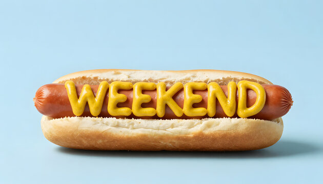 Minimalist surreal concept of a simple hot dog sandwich with the word &ldquo;WEEKEND&rdquo; written in mustard on top, placed on a light blue background. Playful and silly food composition with clean aesthetic, 