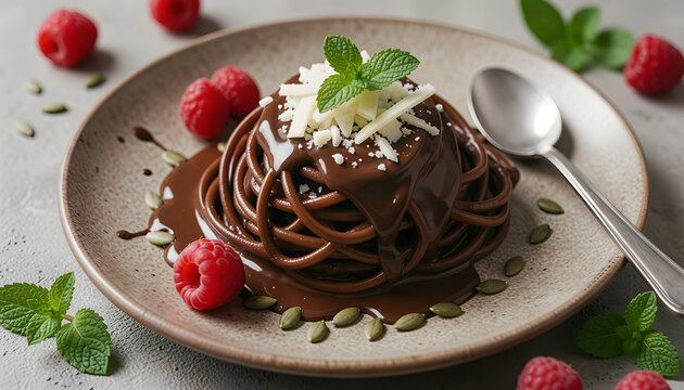 Chocolate spaghetti ice cream topped with fresh raspberries and white chocolate shavings, served on a light blue plate. Macro close-up with a minimalist, modern aesthetic and clean composition. mint