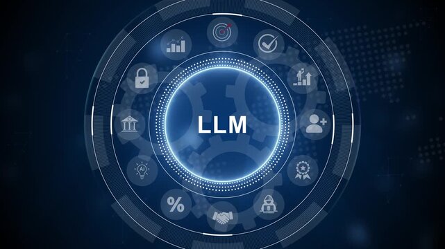 An animated brain icon with a chat symbol creates text. Represents a Large Language Model (LLM), AI chatbot. 3d Motion graphics of technology icon interface background
