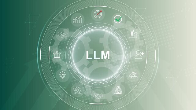 An animated brain icon with a chat symbol creates text. Represents a Large Language Model (LLM), AI chatbot. 3d Motion graphics of technology icon interface background