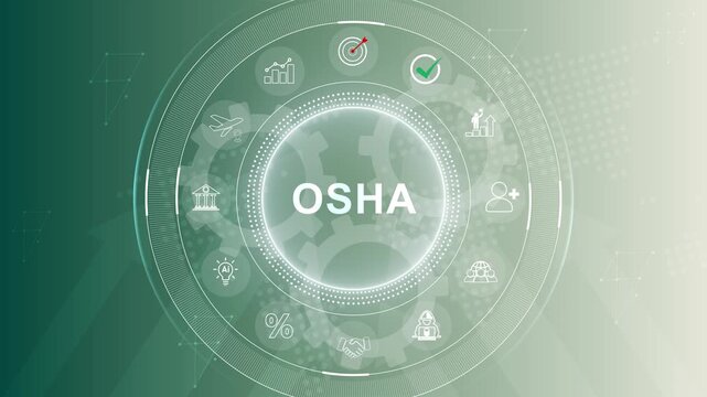OSHA - Occupational Safety and Health Administration banner web icon for business and organization. 3d Motion graphics of technology icon interface background