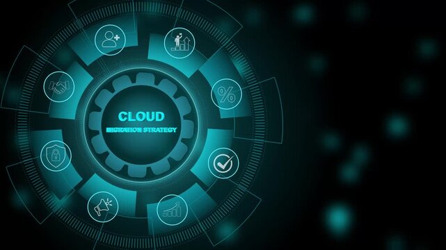 Visualizing cloud migration strategy global connectivity and business technology concepts.Digital Circuit Network Technology. 3d Motion graphics of technology icon interface background
