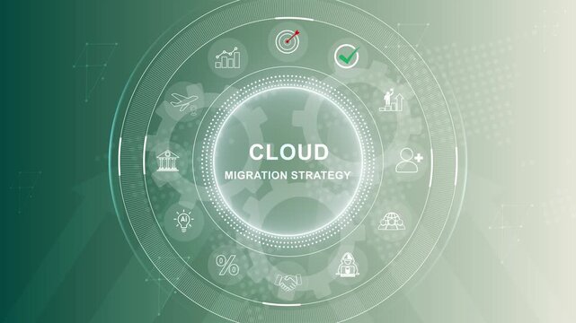 Visualizing cloud migration strategy global connectivity and business technology concepts.Digital Circuit Network Technology. 3d Motion graphics of technology icon interface background