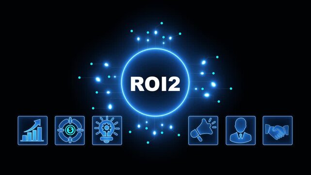 ROI2 Acronym on Central Circuit Board. Digital Data Neon Circuit Board Concept. Idea, Growth, Target, Marketing, Lock, and Person Icons. Digital Technology Blue Background. 4k Video