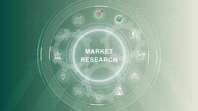 Animated graphic depicting market research process. business insights from large data sets, Animated data analytics banner web icons. 3d Motion graphics of technology icon interface background