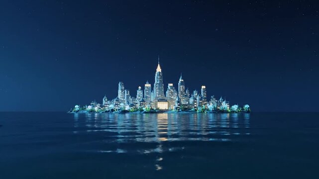 Fantastical illuminated city by tranquil water under starry night sky