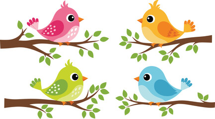 Naklejka premium Set of cute colorful cartoon birds sitting on tree branches with green leaves including pink yellow green and blue bird on white background