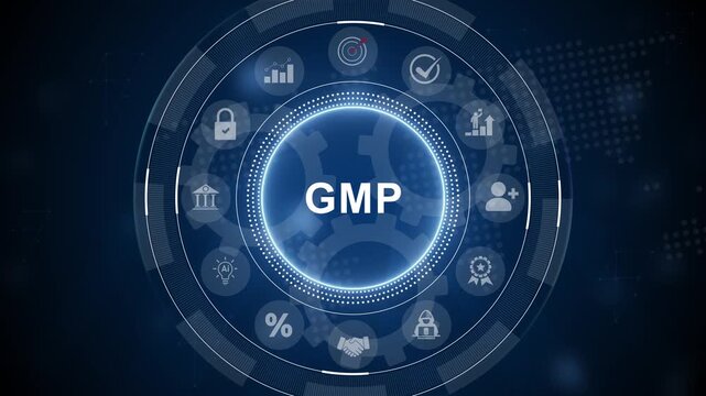 Good manufacturing practice certification quality control on virtual screen. GMP, business insights from large data sets. 3d Motion graphics of technology icon interface background