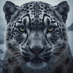 Fototapeta premium Close up portrait of a snow leopard with intense gaze, detailed fur texture in snowy mountain environment, photorealistic wildlife illustration.