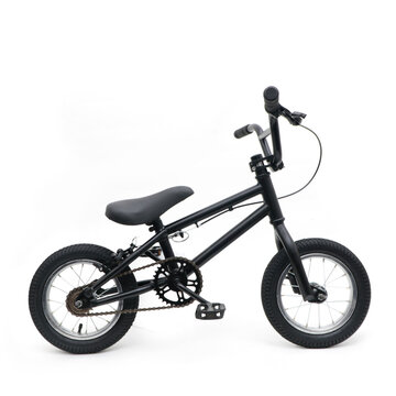 Full side view of a small black BMX bike for kids on a clean white background.