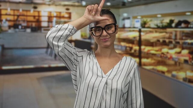 Woman with oversized glasses and striped blouse makes l sign with fingers to forehead in bakery building among pastry shelves; playful confidence.