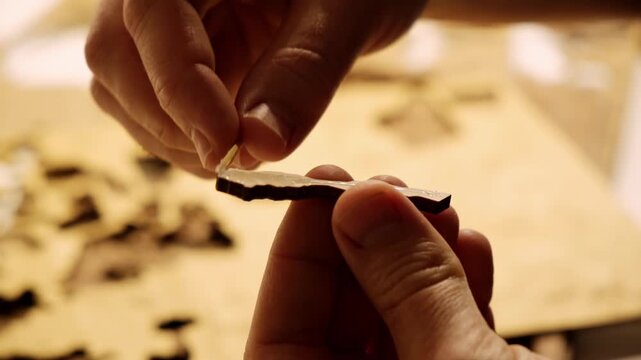 A man smears a wooden part with PVA glue in close-up. The creative process of creating DIY crafts. Gluing a world map from individual pieces of countries. Hobby concept. Carpentry. High quality 4K.