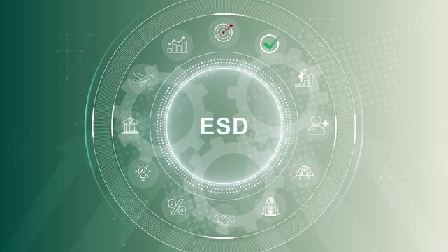 ESD acronym. Electrostatic Discharge (ESD) is the sudden flow of electricity between two electrically charged objects. 3d Motion graphics of technology icon interface background