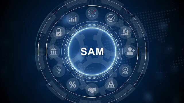 SAM acronym. Software Asset Management (SAM) manages software assets throughout their lifecycle, 3d Motion graphics of technology icon interface background