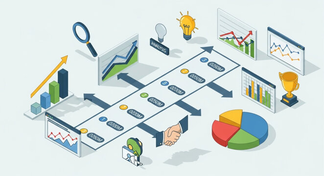 Isometric Data Analysis Workflow Visualization with Charts and Graphs.
