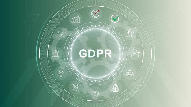 Presses button GDPR general data protection regulation on phone and virtual web electronic user interface. 3d Motion graphics of technology icon interface background