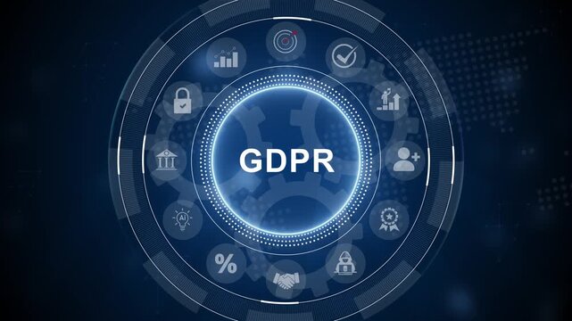 Presses button GDPR general data protection regulation on phone and virtual web electronic user interface. 3d Motion graphics of technology icon interface background