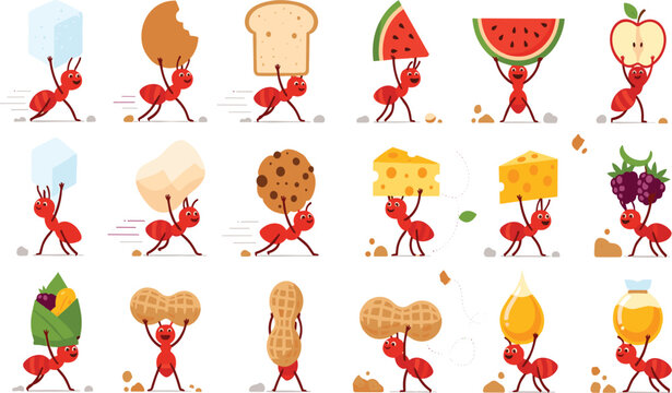 Ant carrying food set cartoon insects with sugar bread fruit cheese nuts and honey collection vector illustration