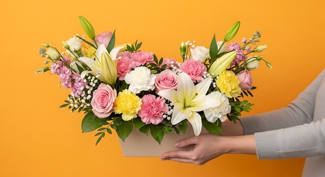 Two hands holding a gift hamper with flowers
