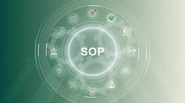 SOP, Standard operating procedure concept.SOP icons on virtual screen. Standard operating procedure with instruction, quality. 3d Motion graphics of technology icon interface background