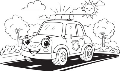 Smiling police car, cartoon vehicle, road scene, coloring book illustration isolated on Transparent Background © Ripon