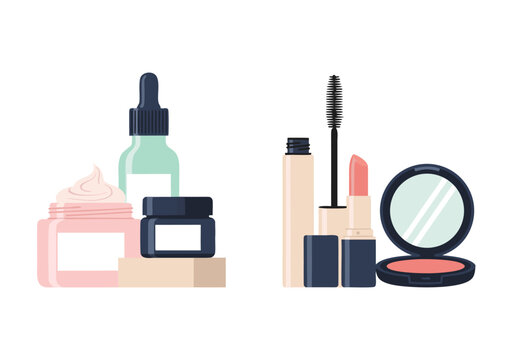 vector illustration of elegant skincare and makeup products arranged on white background showcasing beauty essentials
