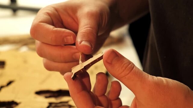 A man smears a wooden part with PVA glue in close-up. The creative process of creating DIY crafts. Gluing a world map from individual pieces of countries. Hobby concept. Carpentry. High quality 4K.