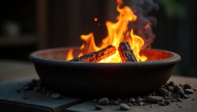Crackling fire in a rustic fire bowl, glowing embers , dark, sparks