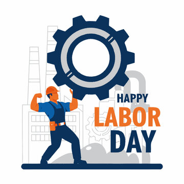 Strong construction worker holding a large gear celebrating Labor Day.