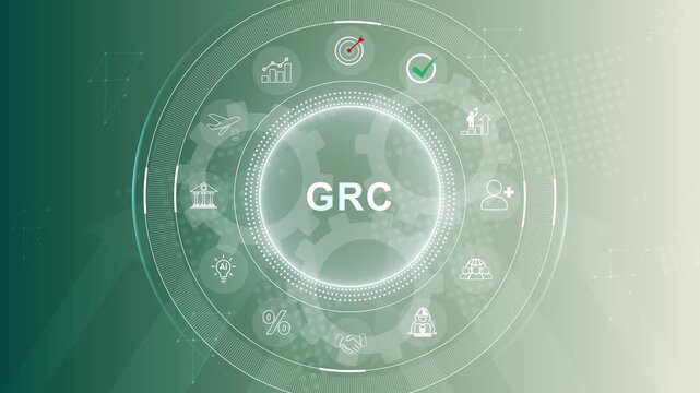 A business professional interacts with a digital GRC interface, highlighting governance, risk, and compliance. 3d Motion graphics of technology icon interface background